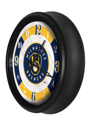 MLB's Milwaukee Brewers Logo Indoor/Outdoor Logo LED Clock from Holland Bar Stool Co Home Sports Decor for gifts Side View