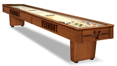 University of Vermont Catamounts Laser Engraved Logo Shuffleboard Table Shown in Chardonnay Finish