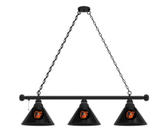MLB's Baltimore Orioles Logo 3 Shade Billiard Table Lights with a black frame