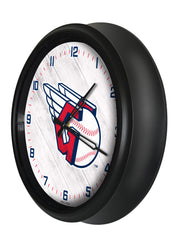 MLB's Cleveland Guardians Logo Indoor/Outdoor Logo LED Clock from Holland Bar Stool Co Home Sports Decor for gifts Side View