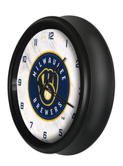 MLB's Milwaukee Brewers Logo Indoor/Outdoor Logo LED Clock from Holland Bar Stool Co Home Sports Decor for gifts Side View