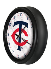 MLB's Minnesota Twins Logo Indoor/Outdoor Logo LED Clock from Holland Bar Stool Co Home Sports Decor for gifts Side View