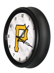 MLB's Pittsburgh Pirates Logo Indoor/Outdoor Logo LED Clock from Holland Bar Stool Co Home Sports Decor for gifts Side View