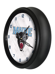 University of Maine Black Bears Logo Indoor/Outdoor Logo LED Clock from Holland Bar Stool Co Home Sports Decor for gifts Side View