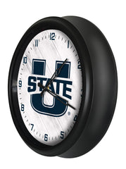 Utah State Aggies Logo LED Outdoor Clock by Holland Bar Stool Company Home Sports Decor Gift Idea Side View