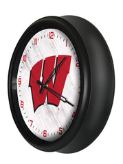Wisconsin Badgers Block W Logo LED Outdoor Clock by Holland Bar Stool Company Home Sports Decor Gift Idea Side View