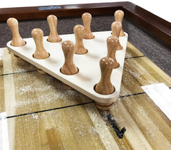 Holland Gameroom Shuffleboard Table Bowling Pin Set on Shuffleboard Table with Rack setup
