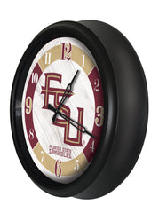 Florida State Seminoles FS Script Logo Indoor/Outdoor Logo LED Clock from Holland Bar Stool Co Home Sports Decor for gifts Side View