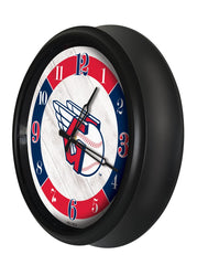 MLB's Cleveland Guardians Logo Indoor/Outdoor Logo LED Clock from Holland Bar Stool Co Home Sports Decor for gifts Side View