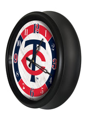MLB's Minnesota Twins Logo Indoor/Outdoor Logo LED Clock from Holland Bar Stool Co Home Sports Decor for gifts Side View