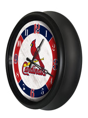 MLB's St Louis Cardinals Logo Outdoor LED Clock From Holland Bar Stool Co. Wall Decor  Side View