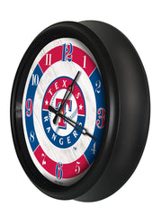 MLB's Texas Rangers Logo Outdoor LED Clock From Holland Bar Stool Co. Wall Decor  Side View