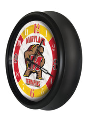 Maryland Terrapins Logo Indoor/Outdoor Logo LED Clock from Holland Bar Stool Co Home Sports Decor for gifts Side View