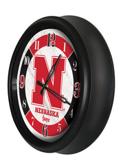 University of Nebraska Huskers Logo Indoor/Outdoor Logo LED Clock from Holland Bar Stool Co Home Sports Decor for gifts Side View