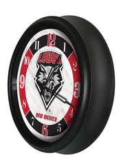 University of New Mexico Lobos Logo Indoor/Outdoor Logo LED Clock from Holland Bar Stool Co Home Sports Decor for gifts Side View