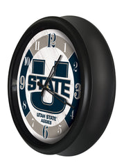 Utah State Aggies Logo LED Outdoor Clock by Holland Bar Stool Company Home Sports Decor Gift Idea Side View