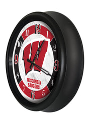Wisconsin Badgers Block W Logo LED Outdoor Clock by Holland Bar Stool Company Home Sports Decor Gift Idea Side View
