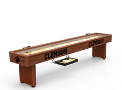 Clemson University Tigers Laser Engraved Logo Shuffleboard Table Shown in Chardonnay Finish