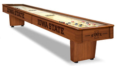 Iowa State University Cyclones Laser Engraved Logo Shuffleboard Table Shown in Chardonnay Finish