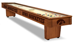 University of Iowa Hawkeyes Laser Engrave Logo Shuffleboard Table Shown in Chardonnay Finish