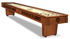 University of New Mexico Lobos Laser Engraved Logo Shuffleboard Table Shown in Chardonnay Finish