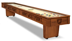 United States Military Academy Army West Point Black Knights Laser Engraved Logo Shuffleboard Table Shown in Chardonnay Finish